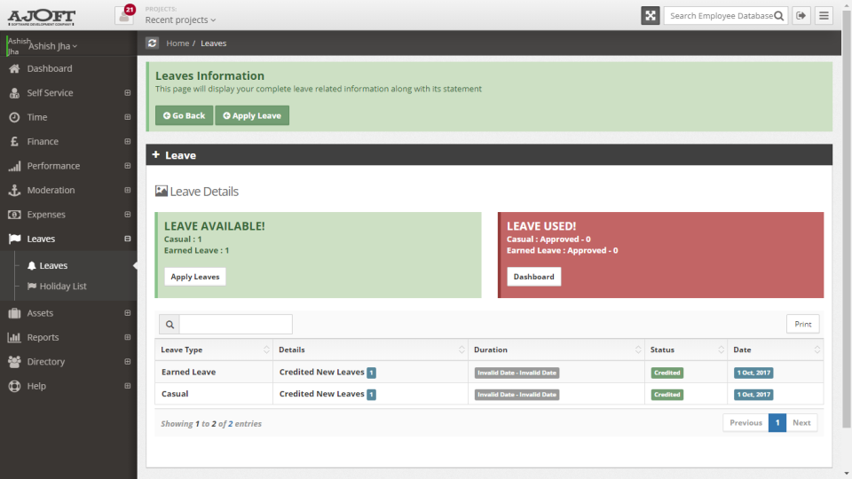 screenshot of Ajoft HRMS